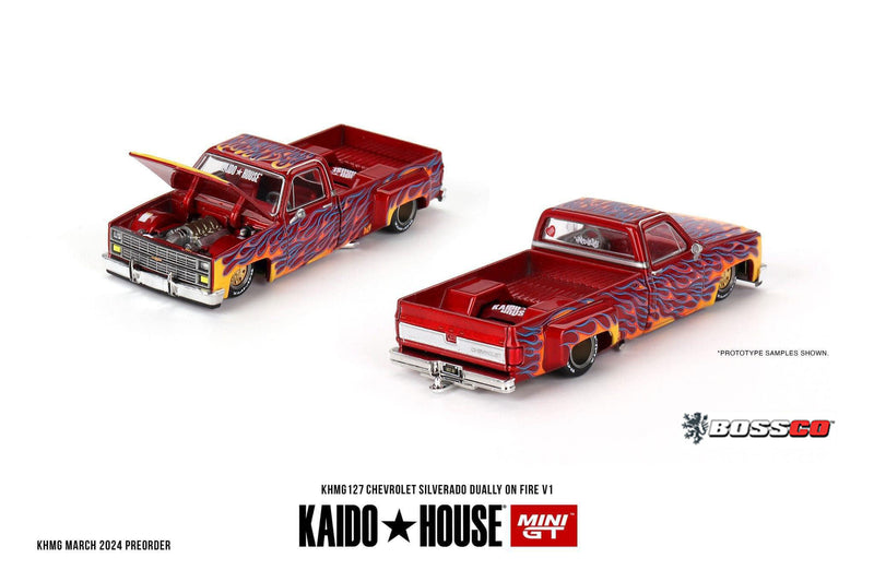 MINI GT - KAIDO HOUSE CHEVROLET SILVERADO DUALLY ON FIRE V1 ***PRE ORDER